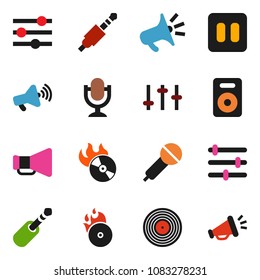 solid vector ixon set - disk vector, music hit, microphone, loudspeaker, settings, speaker, pause button, jack, equalizer