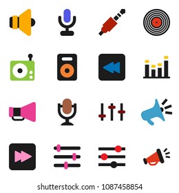 solid vector ixon set - disk vector, radio, speaker, loudspeaker, settings, equalizer, microphone, forward button, backward, jack
