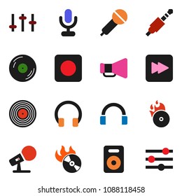 solid vector ixon set - disk vector, music hit, microphone, loudspeaker, settings, headphones, speaker, forward button, rec, jack, equalizer