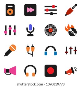 solid vector ixon set - disk vector, music hit, microphone, loudspeaker, settings, headphones, speaker, forward button, rec, rca, jack, equalizer