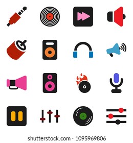 solid vector ixon set - disk vector, music hit, speaker, loudspeaker, settings, microphone, headphones, pause button, forward, rca, jack, equalizer