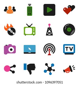 solid vector ixon set - disk vector, music hit, camera, antenna, tv, remote control, notebook pc, social media, group, finger down, heart, play button, loudspeaker