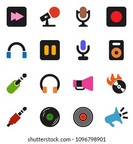 solid vector ixon set - disk vector, music hit, microphone, loudspeaker, headphones, speaker, pause button, forward, rec, jack