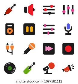 solid vector ixon set - disk vector, microphone, speaker, settings, pause button, forward, rec, rca, jack, equalizer, loudspeaker