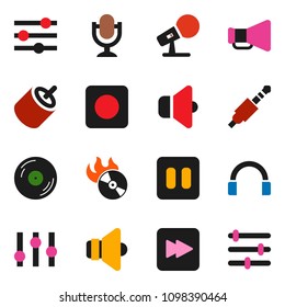 solid vector ixon set - disk vector, music hit, microphone, speaker, loudspeaker, settings, headphones, pause button, forward, rec, rca, jack, equalizer
