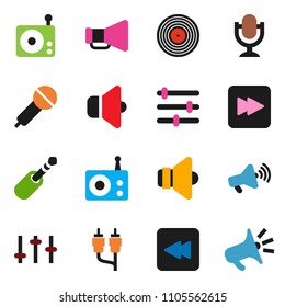 solid vector ixon set - disk vector, microphone, radio, speaker, loudspeaker, settings, forward button, backward, rca, jack, equalizer