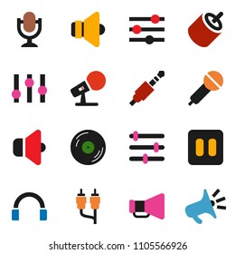 solid vector ixon set - disk vector, microphone, speaker, loudspeaker, settings, headphones, pause button, rca, jack, equalizer