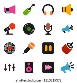 solid vector ixon set - disk vector, microphone, speaker, loudspeaker, settings, headphones, pause button, forward, rca, jack