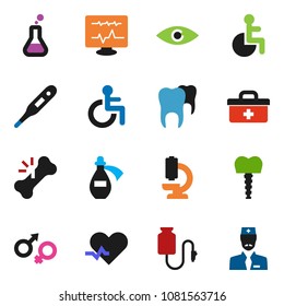 solid vector ixon set - doctor bag vector, disabled, heart pulse, thermometer, flask, eye, gender sign, broken bone, microscope, diagnostic monitor, potion, drop counter, tooth, implant