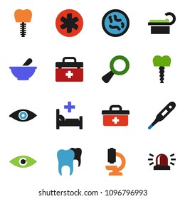 solid vector ixon set - doctor bag vector, ambulance star, thermometer, eye, magnifier, mortar, microscope, microbs, hospital bed, tomography, tooth, implant, siren