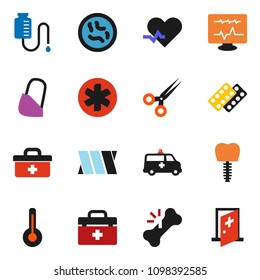 solid vector ixon set - doctor bag vector, ambulance star, heart pulse, thermometer, scissors, broken bone, pills blister, microbs, amkbulance car, diagnostic monitor, bandage, drop counter