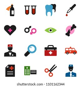 solid vector ixon set - doctor bag vector, heart cross, vial, eye, gender sign, magnifier, dropper, scissors, broken bone, anamnesis, hospital building, amkbulance car, potion, tooth