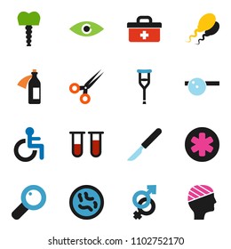 solid vector ixon set - doctor bag vector, ambulance star, disabled, vial, eye, gender sign, magnifier, crutches, scissors, scalpel, hat, microbs, potion, sperm, tooth implant, head bandage
