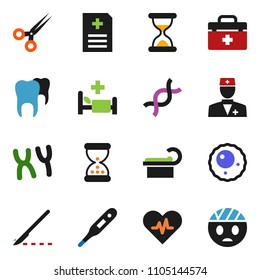solid vector ixon set - doctor bag vector, heart pulse, thermometer, dna, scissors, scalpel, sand clock, chromosomes, anamnesis, hospital bed, tomography, ovule, tooth, head bandage