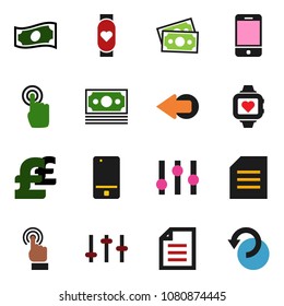 solid vector ixon set - document vector, cash, pound, heart monitor, money, settings, mobile phone, touchscreen, arrow, undo