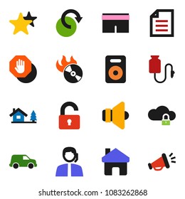 Solid Vector Ixon Set - Document Vector, Shorts, Support, Car, Music Hit, Speaker, Favorites, Drop Counter, Cloud Lock, Home, Redo, Stop, Chalet, Unlock, Loudspeaker