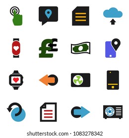 solid vector ixon set - document vector, cash, pound, heart monitor, traking, mobile phone, touchscreen, arrow, undo, cloud upload, ari condition