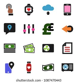 solid vector ixon set - document vector, cash, pound, heart monitor, money, traking, settings, mobile phone, touchscreen, arrow, cloud upload, ari condition