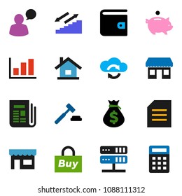 solid vector ixon set - document vector, graph, wallet, money bag, piggy bank, auction, stairways run, office, newspaper, speaking man, network server, cloud exchange, house, store, buy, calculator