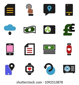 solid vector ixon set - document vector, cash, pound, heart monitor, traking, mobile phone, touchscreen, undo, cloud upload, ari condition