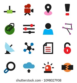 solid vector ixon set - document vector, map pin, satellite antenna, video camera, social media, connect, network, equalizer, cloud upload, attachment, unlock, user, attention sign, magnifier, siren