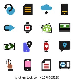 solid vector ixon set - document vector, cash, heart monitor, money, traking, mobile phone, touchscreen, arrow, undo, cloud upload, ari condition