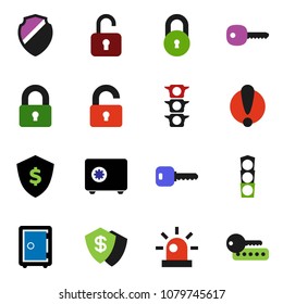 solid vector ixon set - dollar shield vector, safe, attention, traffic light, lock, key, siren, unlock, password