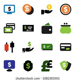 solid vector ixon set - dollar coin vector, japanese candle, credit card, investment, check, shield, monitor, pound, wallet