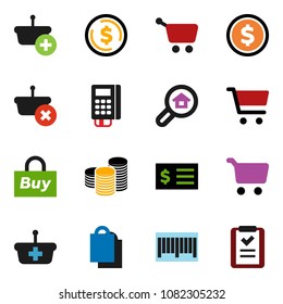 solid vector ixon set - dollar coin vector, cart, stack, receipt, search estate, shopping bag, buy, barcode, card reader, basket, list