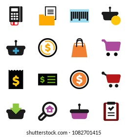 solid vector ixon set - dollar coin vector, cart, receipt, estate document, search, shopping bag, barcode, card reader, basket, list