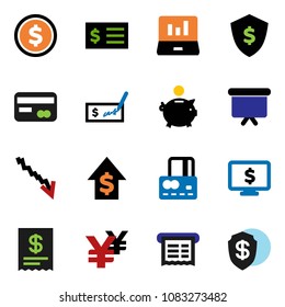 solid vector ixon set - dollar coin vector, laptop graph, credit card, crisis, piggy bank, growth, check, receipt, presentation board, shield, monitor, yen sign