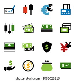 solid vector ixon set - dollar coin vector, japanese candle, credit card, cash, investment, check, shield, euro sign, yen, money, wallet