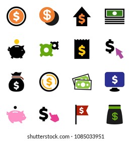 solid vector ixon set - dollar coin vector, cash, money bag, piggy bank, growth, receipt, flag, monitor, cursor, any currency