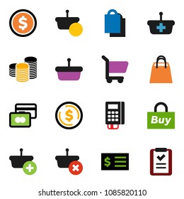 solid vector ixon set - dollar coin vector, credit card, stack, receipt, shopping bag, buy, reader, basket, cart, list