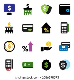 solid vector ixon set - dollar coin vector, wallet, percent growth, investment, bank building, shield, monitor, credit card, reader, check