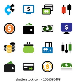solid vector ixon set - dollar coin vector, japanese candle, credit card, wallet, cash, stack, monitor, cent sign