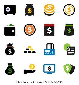 solid vector ixon set - dollar coin vector, credit card, wallet, money bag, investment, safe, monitor, gold ingot, receipt, shield