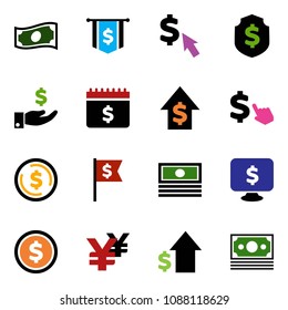 solid vector ixon set - dollar coin vector, cash, investment, growth, flag, shield, calendar, monitor, cursor, yen sign, money