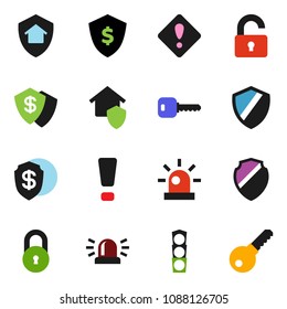 solid vector ixon set - dollar shield vector, traffic light, lock, key, attention sign, siren, unlock, home protect, password