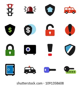 solid vector ixon set - dollar shield vector, safe, attention, traffic light, amkbulance car, key, sign, siren, lock, unlock, home protect, password