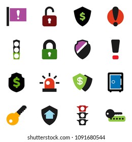 solid vector ixon set - dollar shield vector, safe, attention, traffic light, sign, siren, lock, home protect, unlock, password