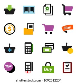 solid vector ixon set - dollar coin vector, cart, credit card, estate document, new, buy, barcode, reader, basket, shopping list