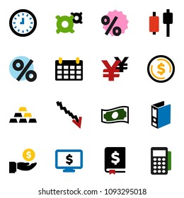 solid vector ixon set - dollar coin vector, japanese candle, cash, crisis, investment, annual report, clock, binder, calendar, monitor, any currency, yen sign, gold ingot, percent, card reader