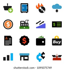 solid vector ixon set - dollar coin vector, wallet, receipt, medal, personal information, safe, cent sign, stairways run, sorting, music hit, cloud download, store, buy, cashbox, basket, scales