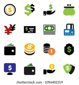 solid vector ixon set - dollar coin vector, credit card, wallet, investment, stack, check, shield, monitor, yen sign, money