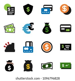 solid vector ixon set - dollar coin vector, credit card, cash, money bag, check, shield, euro sign, receipt, cashbox