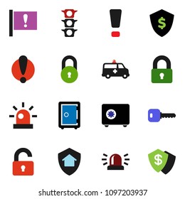 solid vector ixon set - dollar shield vector, safe, attention, traffic light, amkbulance car, lock, key, sign, siren, unlock, home protect