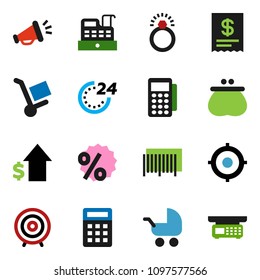 solid vector ixon set - dollar growth vector, target, wallet, 24 hour, percent, barcode, card reader, cashbox, receipt, calculator, trolley, loudspeaker, diamond ring, baby stroller, store scales