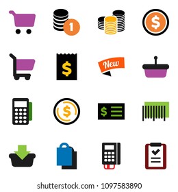 solid vector ixon set - dollar coin vector, cart, stack, receipt, new, shopping bag, barcode, card reader, basket, list