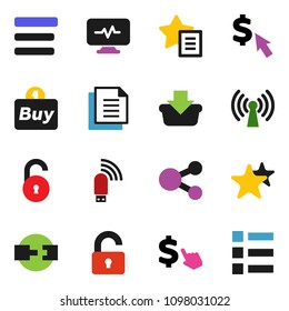 solid vector ixon set - dollar cursor vector, document, favorites, diagnostic monitor, menu, usb modem, share, connection, unlock, wireless, buy, basket